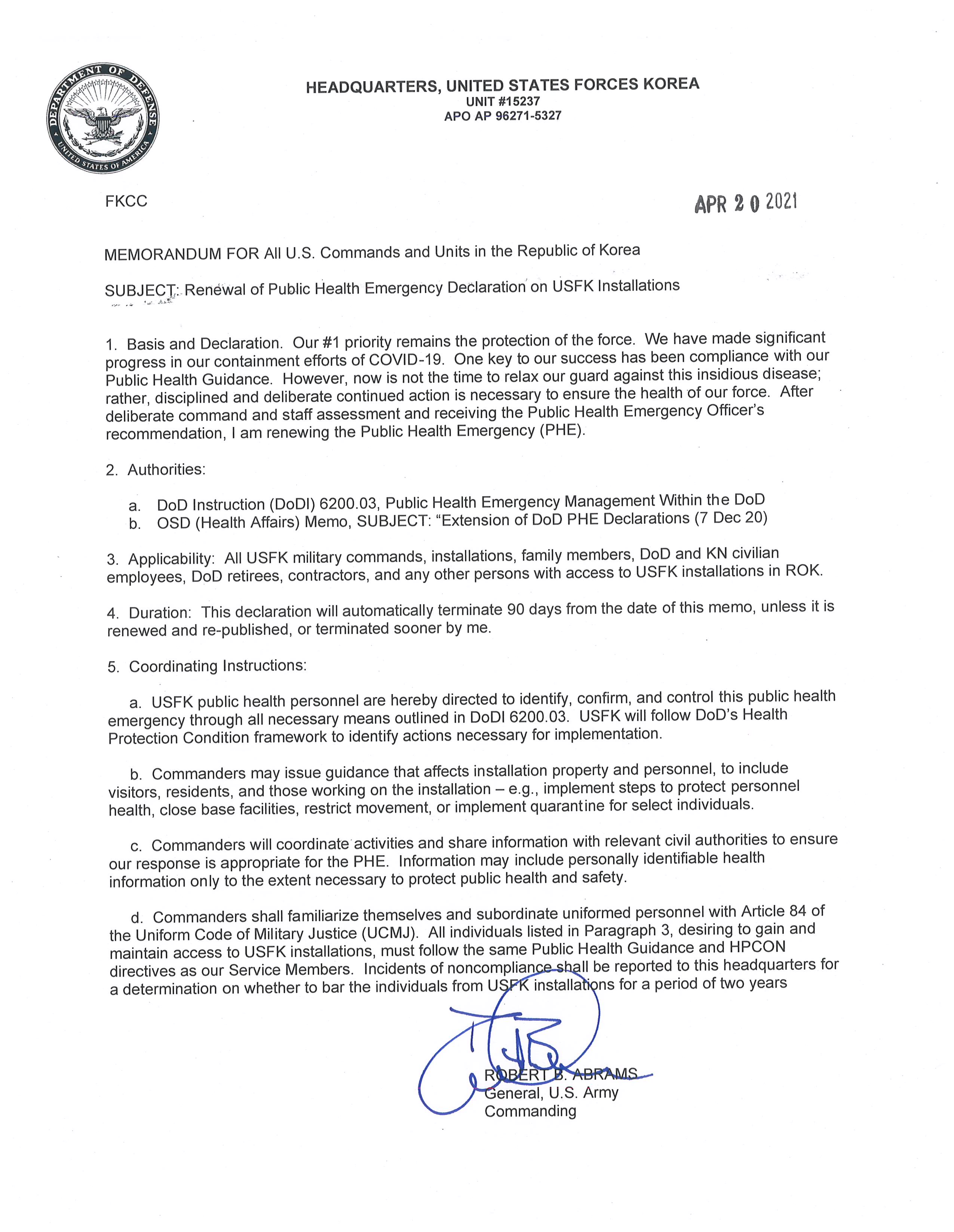 USFK PHE Declaration - issued April 20, 2021 USFK PHE Declaration - issued April 20, 2021